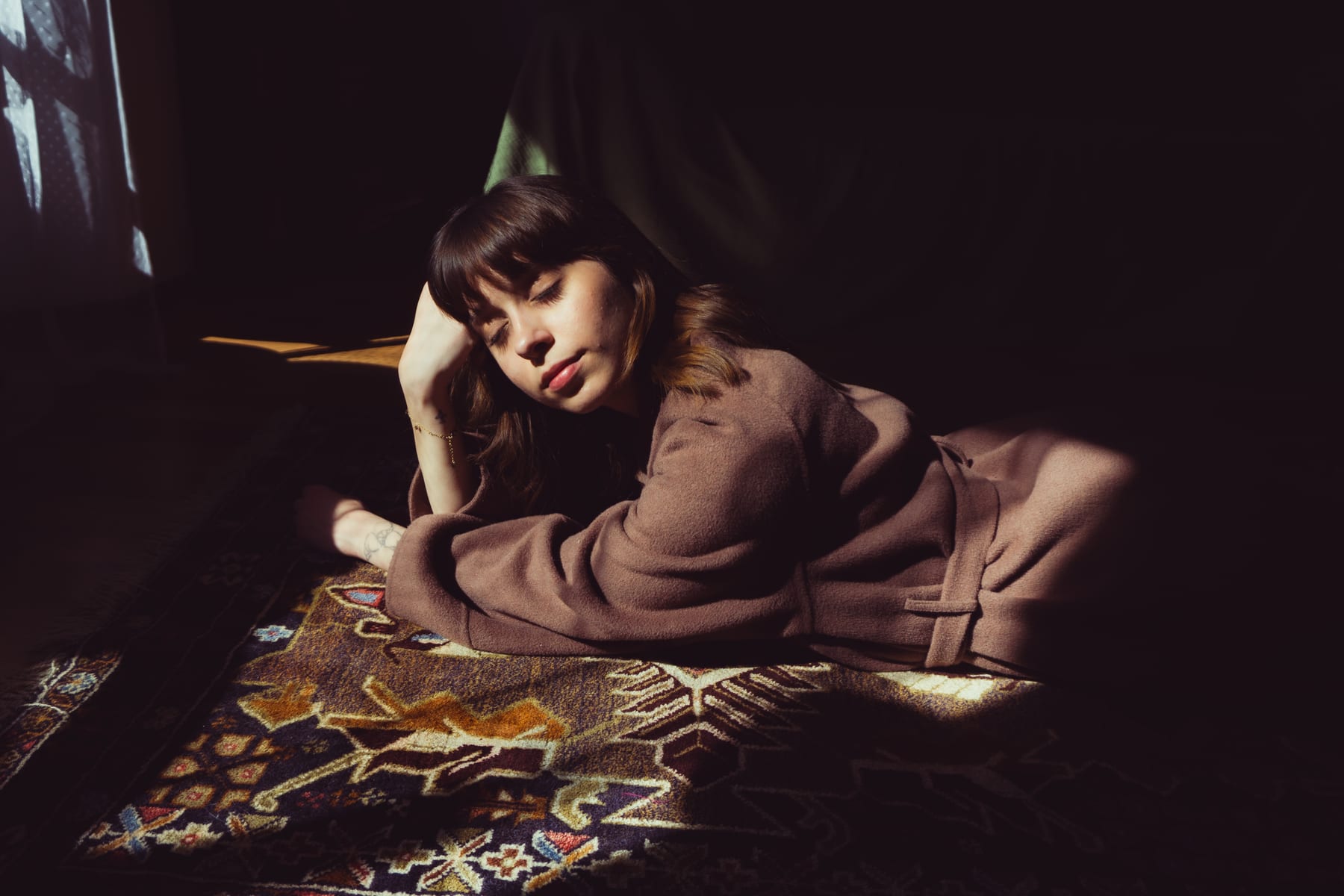 Bogi in a brown knit dress lying on a patterned rug in a strip of sunlight in a dark room.